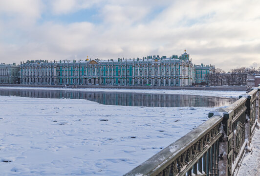 Saint Petersburg. Russia. View of the Winter Palace on the ice on the Neva River.