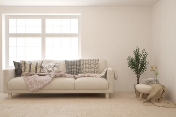 White living room with sofa. Scandinavian interior design. 3D illustration