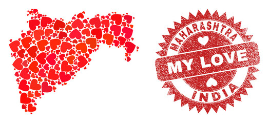 Vector collage Maharashtra State map of love heart elements and grunge My Love badge. Collage geographic Maharashtra State map constructed with lovely hearts.