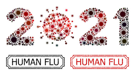 Collage 2021 covid year designed from coronavirus elements, and grunge Human Flu rectangle seal stamps with notches.
