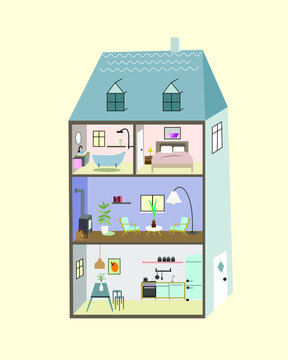 Illustration Of A Big Open Doll House Showing Different Rooms Inside From Bedroom, Stairs, Sitting Room And Office. Vector