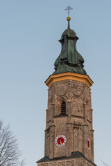 Fototapeta na wymiar Turm, Kirchturm, Kirche, Hirten, Kirche, Magarethenberg, , Abends bei Sonneuntergang