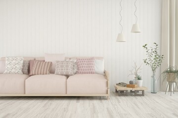 White living room with sofa. Scandinavian interior design. 3D illustration