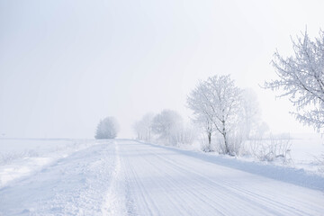 Winter rural landscape, road covered with snow and trees covered with frost, misty cold morning