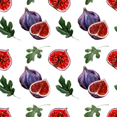 Seamless pattern purple figs whole fruit and slices with green leaves on a white background. For the design of postcards, covers, fabrics, backgrounds, wallpapers. Watercolor.