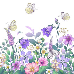 Hand Drawn Meadow Flowers and Butterflies