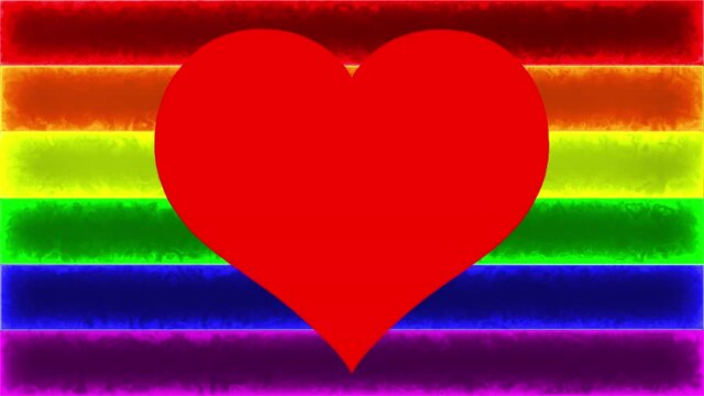 Rainbow flag, LGBT pride flag or gay pride flag with a red beating heart in the center.Flag symbol of freedom, peace, and equality. Lesbian, gay, bisexual, transgender, and queer LGBTQ.