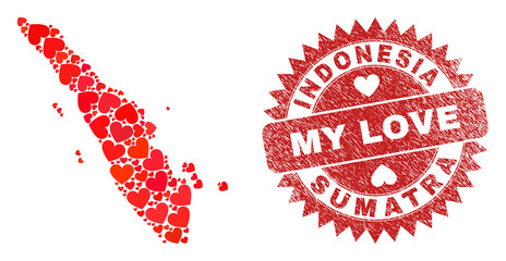 Vector mosaic Sumatra map of valentine heart elements and grunge My Love badge. Mosaic geographic Sumatra map created with love hearts. Red rosette badge with distress rubber texture and my love text.