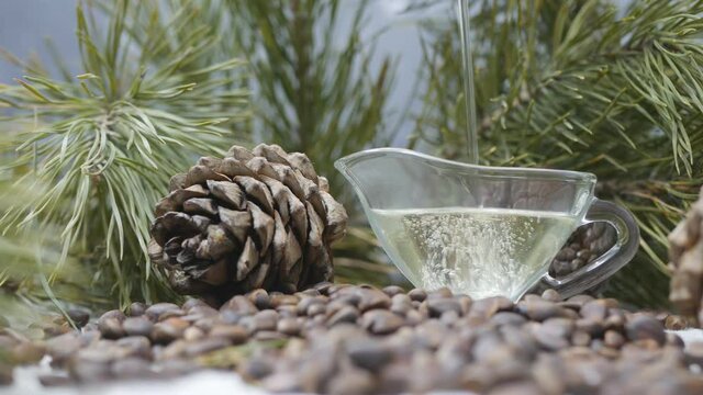 cedar nut oil is poured into a glass carnival, standing in a heap of pine nuts, cedar cones and green branches with needles. Cedar nut oil for food and cosmetics. dolly shooting