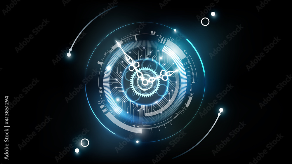 Wall mural abstract futuristic technology background with clock concept and time machine, can rotate clock hand