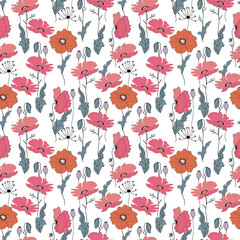 Abstract poppies flowers seamless pattern.