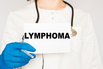 The doctor's blue - gloved hands show the word LYMPHOMA - . a gloved hand on a white background. Medical concept. the medicine