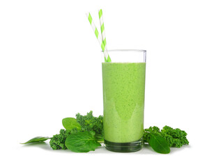 Green smoothie with kale and spinach in a glass. Side view with ingredients isolated on a white...