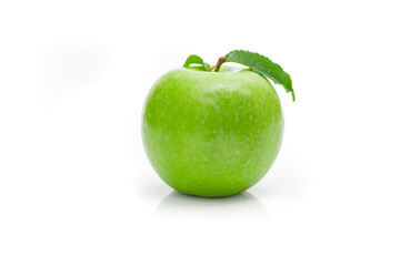 Ripe green apple with leaf on a white background .