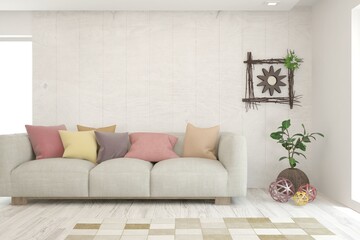 White living room with sofa. Scandinavian interior design. 3D illustration