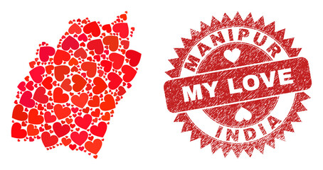 Vector mosaic Manipur State map of lovely heart elements and grunge My Love seal stamp. Collage geographic Manipur State map designed with love hearts.