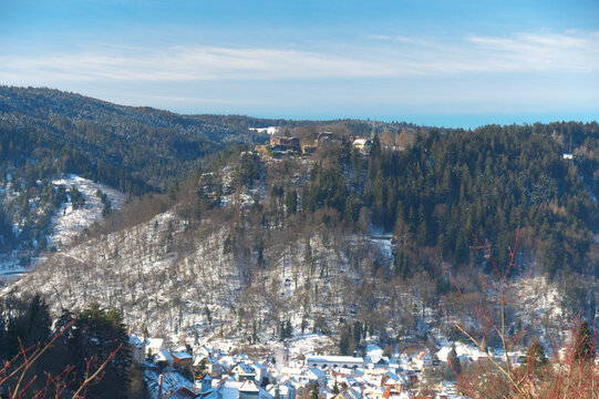 the small town of Schramberg with blue skies and lots of green! find the castle ...