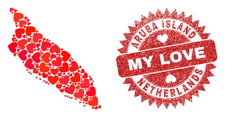 Vector mosaic Aruba Island map of valentine heart elements and grunge My Love badge. Mosaic geographic Aruba Island map constructed using love hearts. - 413851830