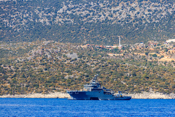 Turkish navy warship sailing in the Mediterranean sea. Protection of water borders of Turkey