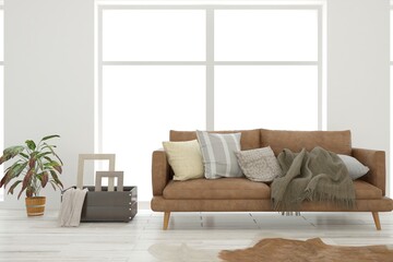 White living room with sofa. Scandinavian interior design. 3D illustration