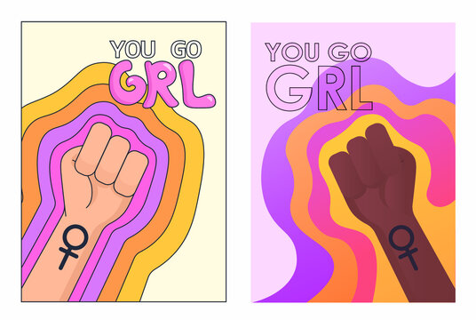 You go girl - women's day line flat vector banner, card, illustration, poster. Woman's fist with women's symbol 