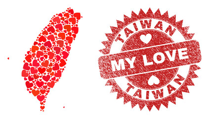 Vector mosaic Taiwan map of love heart items and grunge My Love seal. Collage geographic Taiwan map designed with valentine hearts. Red rosette badge with grunge rubber texture and my love word.