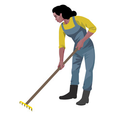 A black female gardener dressed in overalls weeds a garden bed with a rake