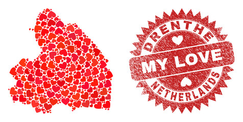 Vector mosaic Drenthe Province map of love heart items and grunge My Love seal. Mosaic geographic Drenthe Province map constructed with lovely hearts.