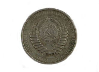 Old soviet coin one ruble on white background