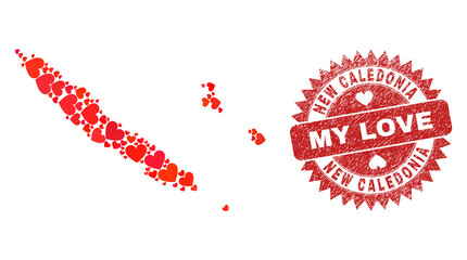 Vector mosaic New Caledonia Islands map of lovely heart elements and grunge My Love seal stamp. Mosaic geographic New Caledonia Islands map designed using valentine hearts.