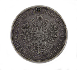 Old silver coin of Russian Empire one ruble on white background