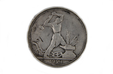 Vintage soviet silver coin half ruble on white background