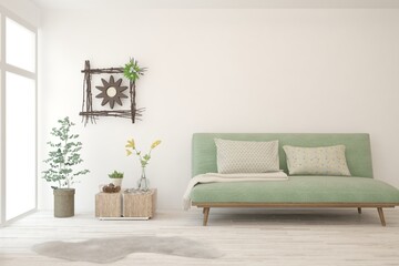 White living room with sofa. Scandinavian interior design. 3D illustration