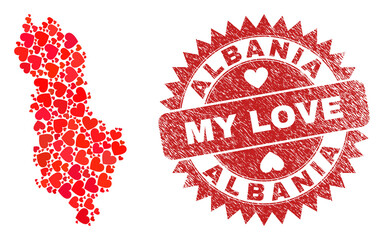 Vector mosaic Albania map of valentine heart items and grunge My Love badge. Collage geographic Albania map designed with valentine hearts.