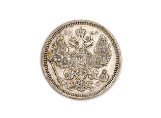 Vintage silver coins of Russian Empire on white background