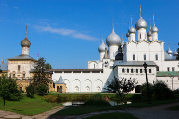 Fototapeta na wymiar Beautiful summer view of the courtyard of famous russian landmark Rostov kremlin