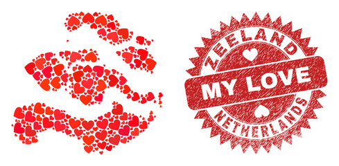 Vector mosaic Zeeland Province map of love heart items and grunge My Love seal stamp. Mosaic geographic Zeeland Province map constructed with love hearts.