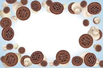 Champignons and chocolate round cookies with space for text. Mushroom cookies