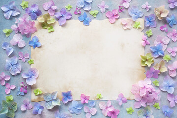 Decorative background with colored hydrangea flowers, paper for your text congratulations. - 413855069