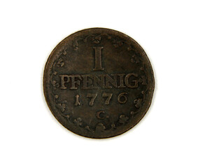 Vintage old copper coin on white background
