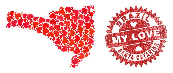 Vector mosaic Santa Catarina State map of love heart items and grunge My Love seal. Mosaic geographic Santa Catarina State map created with lovely hearts.
