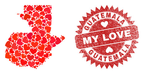 Vector mosaic Guatemala map of lovely heart items and grunge My Love seal. Mosaic geographic Guatemala map constructed with lovely hearts.