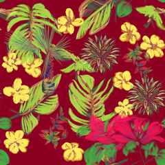 Miami 80s floral seamless pattern with banana palm leaves on a red background