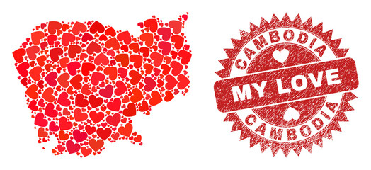 Vector collage Cambodia map of lovely heart items and grunge My Love badge. Collage geographic Cambodia map constructed with valentine hearts.