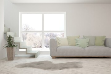 White living room with sofa and winter landscape in window. Scandinavian interior design. 3D illustration