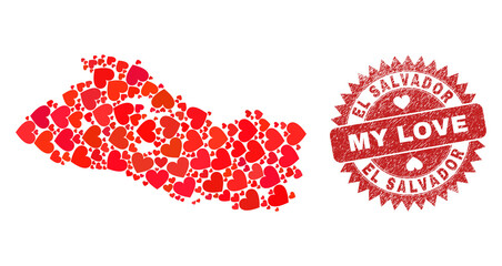 Vector collage El Salvador map of love heart elements and grunge My Love badge. Mosaic geographic El Salvador map designed with lovely hearts.