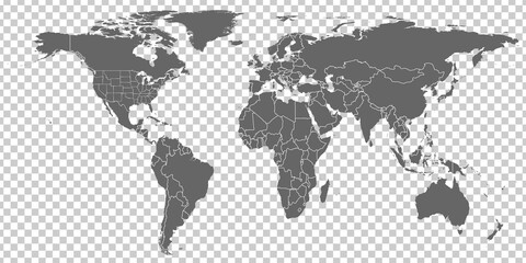 Fototapeta na wymiar World Map vector. Gray similar world map blank vector on transparent background. Gray similar world map with borders of all countries and States of USA map. High quality world map. EPS10.