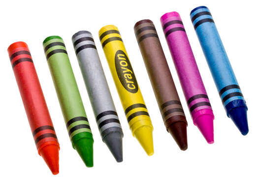 Multicoloured crayons in a row isolated On white red green grey yellow brown purple blue