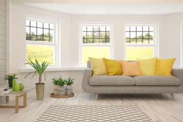 White living room with sofa. Scandinavian interior design. 3D illustration