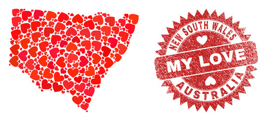 Vector collage New South Wales map of love heart elements and grunge My Love seal stamp. Mosaic geographic New South Wales map constructed with valentine hearts.